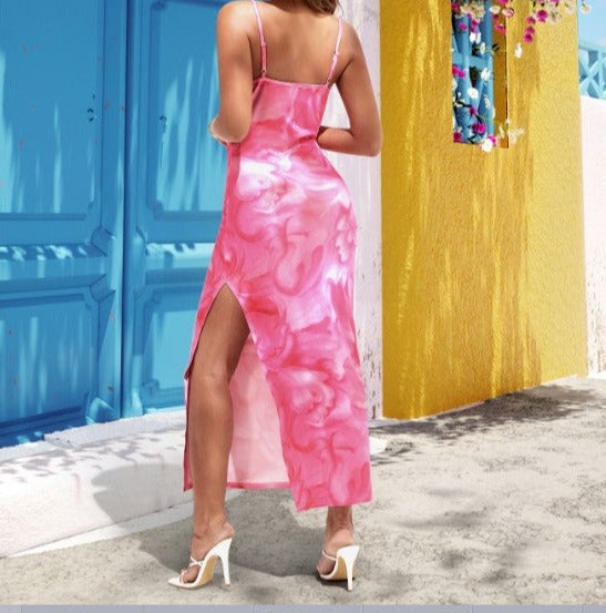 Elegant Slim-fit Spaghetti-strap Floral Print Split Dress