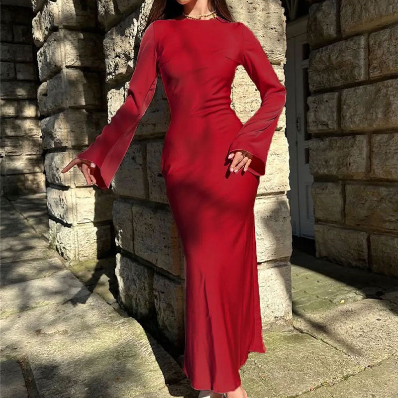 Women's Clothing Temperament Pure Color Long Sleeve Round Neck Waist Trimming Sheath French Dress