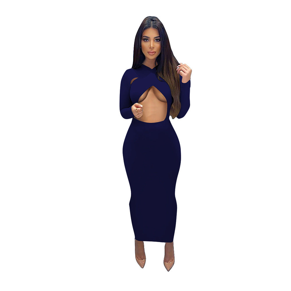 Pure Color Temperament Commuter Wrapped Chest Long Sleeve Midi Dress