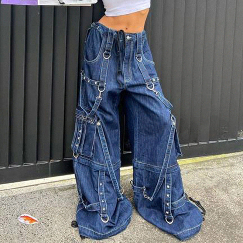 Buckle Design Loose Drape Floor Mop Pants