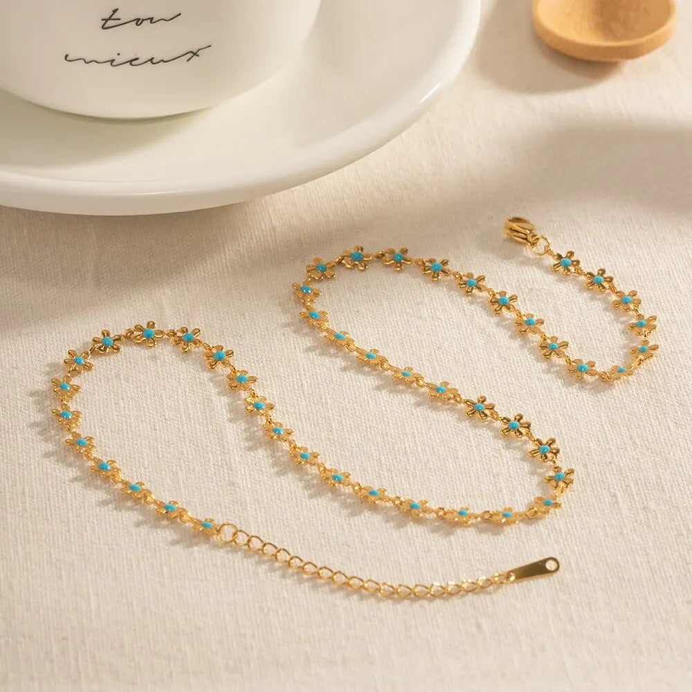 Gold Blue With Flowers Drop Oil Necklace Titanium Steel