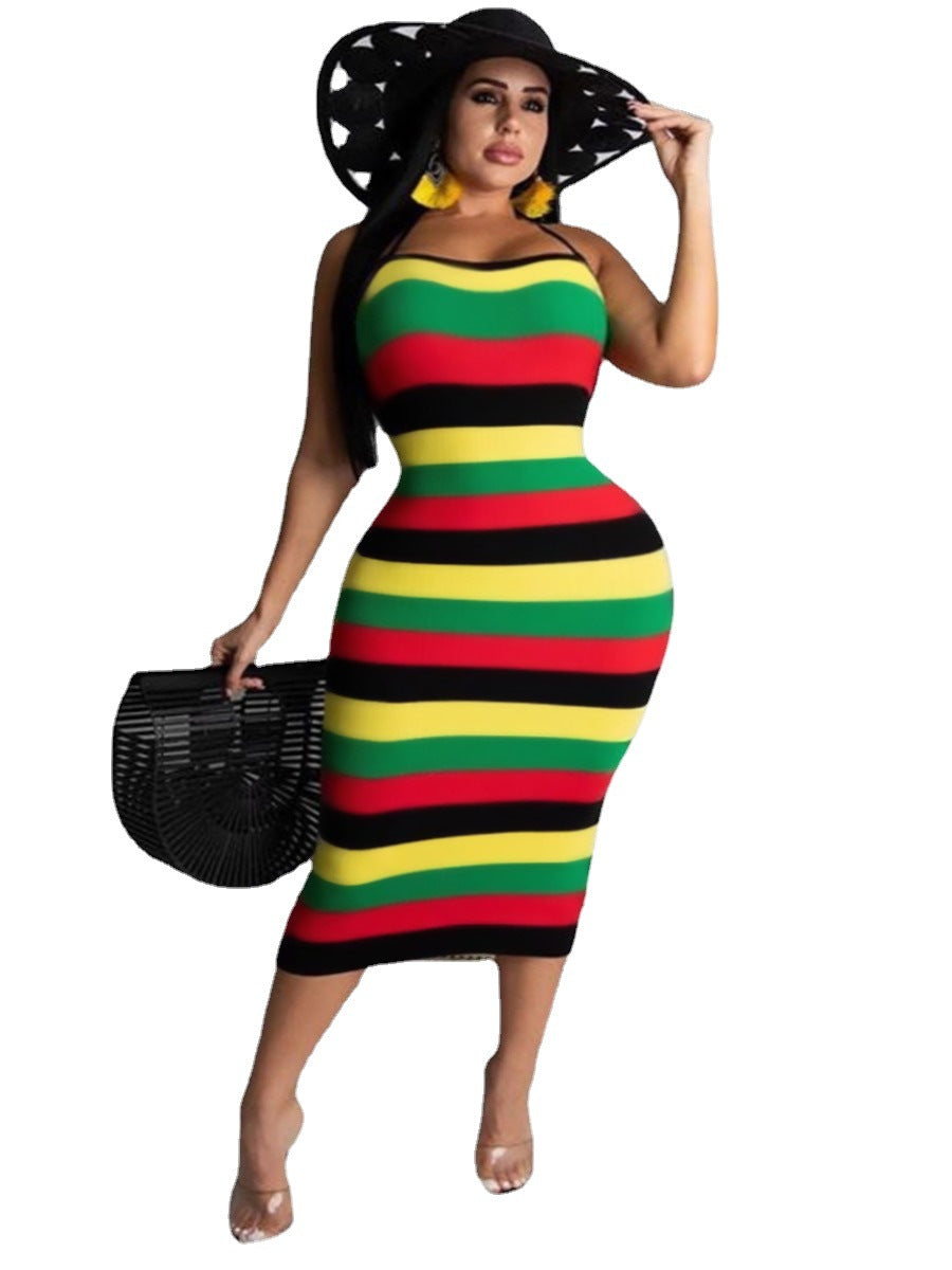 Spring And Summer Rainbow Bar Sexy Suspender Dress