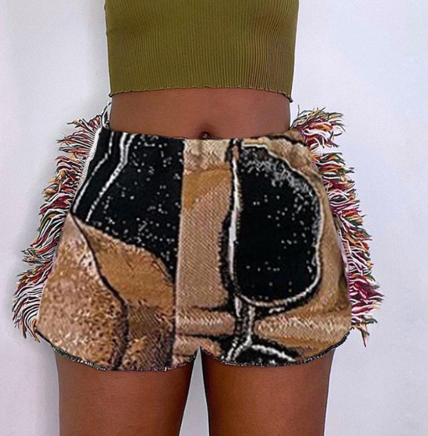 Printed Tassel Bag Hip Ethnic Style Tweed Casual Shorts