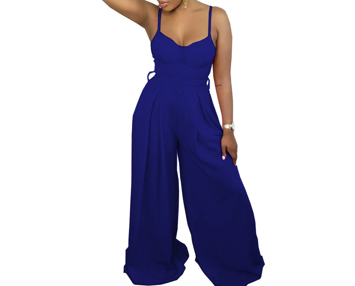 Fashion Solid Color Suspender Wide Leg Ladies Jumpsuit
