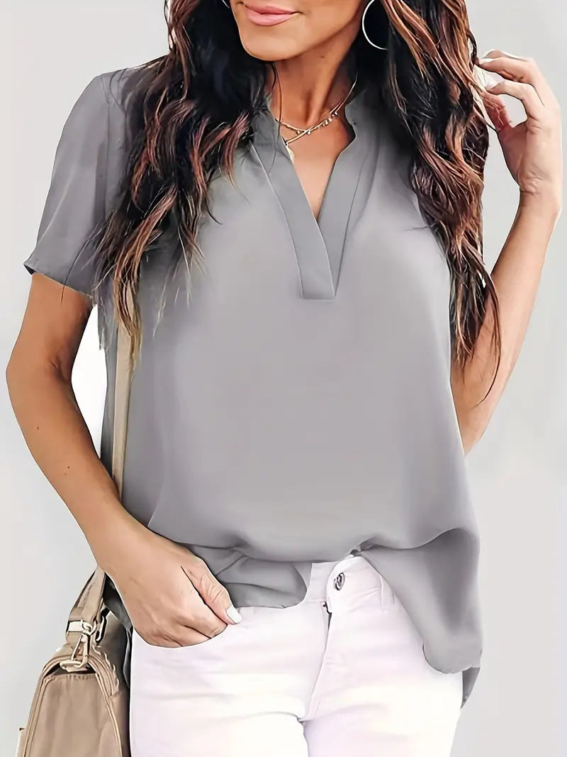 Solid Color And V-neck Short Sleeve Loose Chiffon Shirt Top