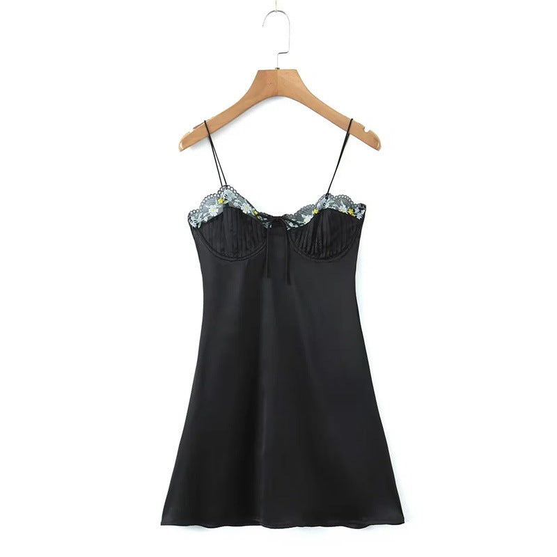 High Waist Lace-up Embroidered Lace Sling Dress