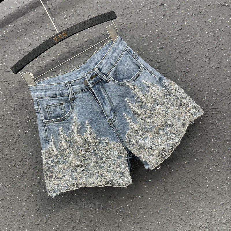 Heavy Industry Western Style Beaded Denim Shorts