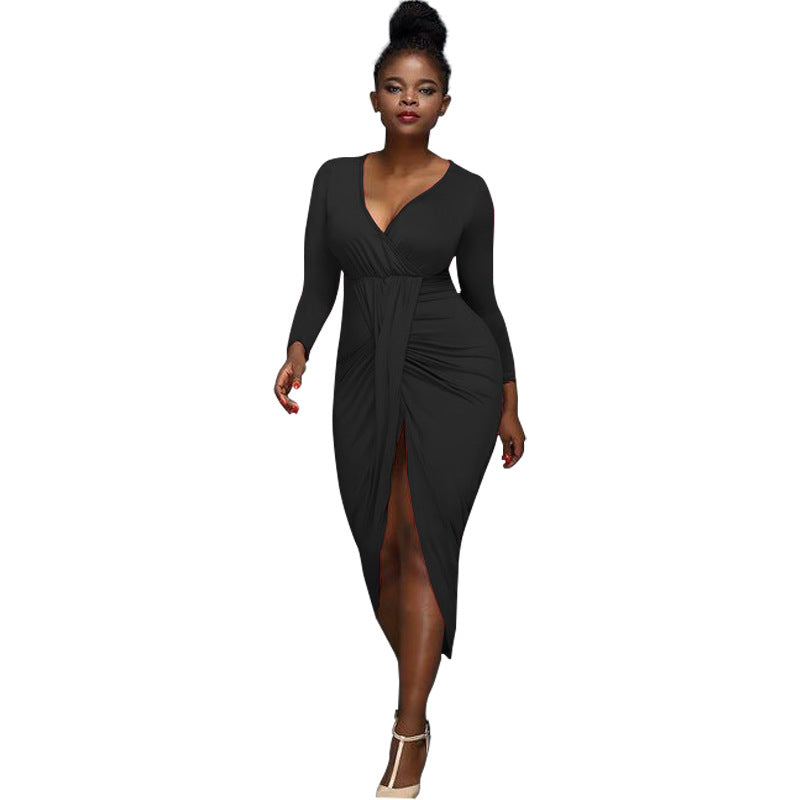 Nightclub Irregular Long-sleeved V-neck Dress