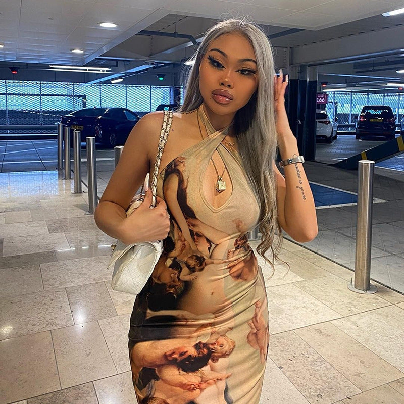 Summer Women's New Fashion Print Hanging Neck Sexy Tight-fitting Hip Dress