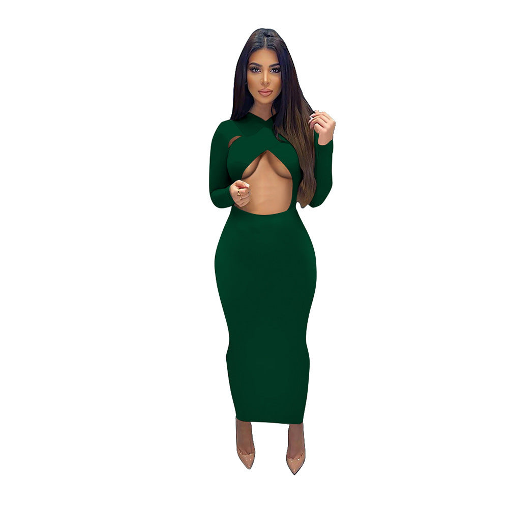 Pure Color Temperament Commuter Wrapped Chest Long Sleeve Midi Dress