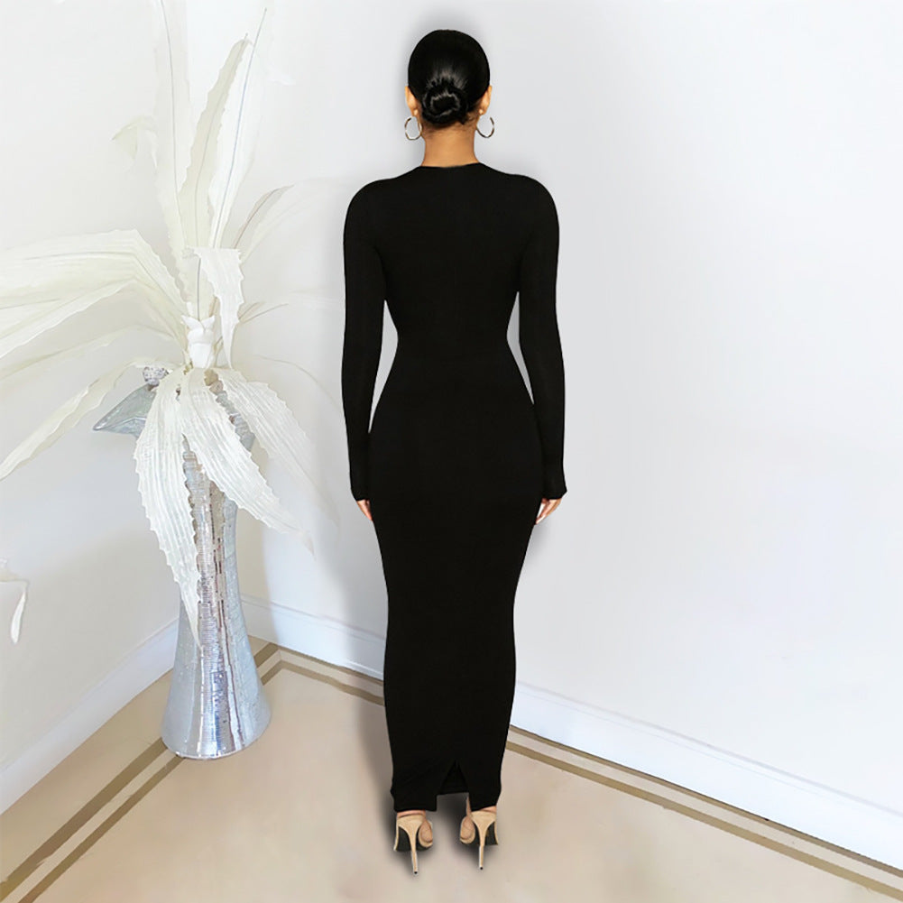 Pure Color Temperament Commuter Wrapped Chest Long Sleeve Midi Dress