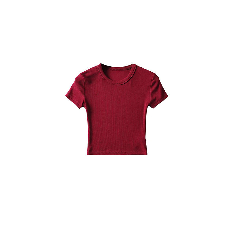 Basic Style Round Neck Tight Stretch Solid Color Short Sleeve T-shirt Top