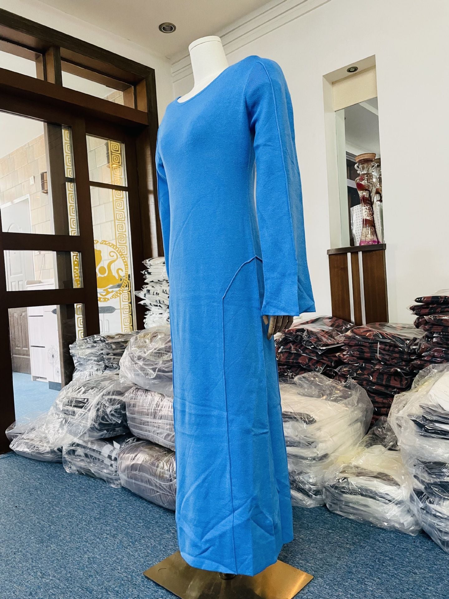 Bell Sleeve Slim Fit Woolen Skirt Round Neck Knitted Slit Wide Sleeve Dress