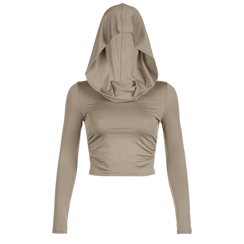 Solid Color Swing Collar Off-shoulder Hooded Top