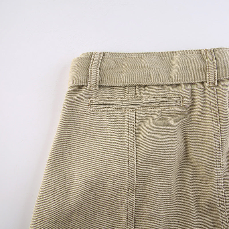 Low-rise Belted Denim Casual Skirt With Lace-up Pockets