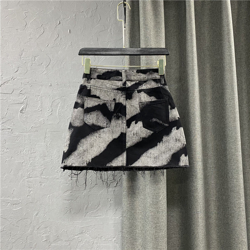 Women's High Waist Denim Skirt With Frayed Edges