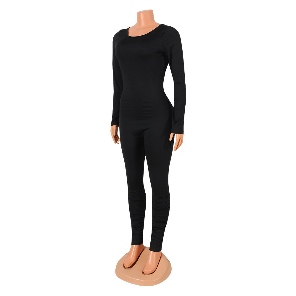 Solid Color Sexy Backless Tight-Fitting Long-Sleeved Jumpsuit