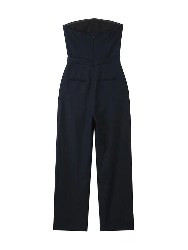 Women's Black Loose Fitting Linen Blend Bra Style Jumpsuit