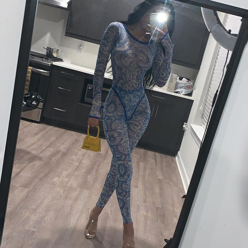 Sexy mesh perspective printed jumpsuit suit