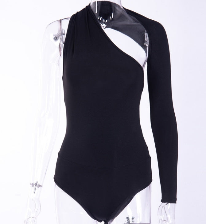 Sexy one-shoulder tight bodysuit milk silk bottoming shirt