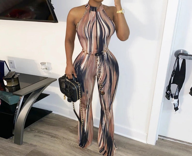 Fashion halter print jumpsuit