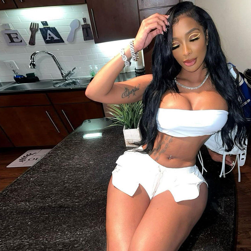 Women's Fashion Contrast Color Faux Leather Lace Up High Waist Pack Hip Tight Casual Shorts