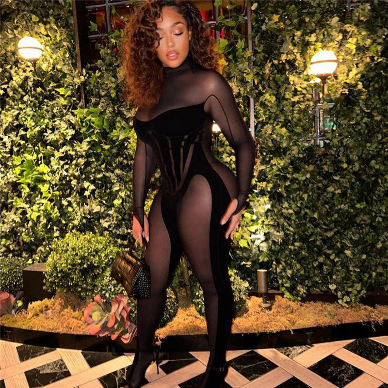 Women's Fashion Mesh See-through Stitching Tight Jumpsuit