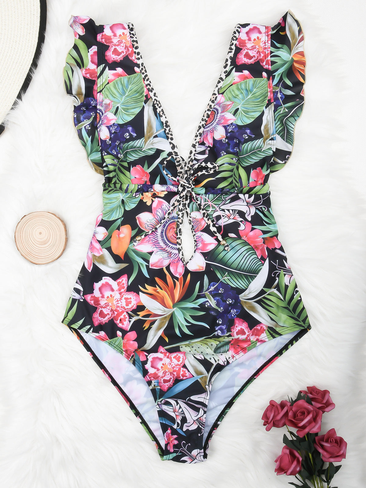 Fashion Ruffled Deep V One-piece Swimsuit