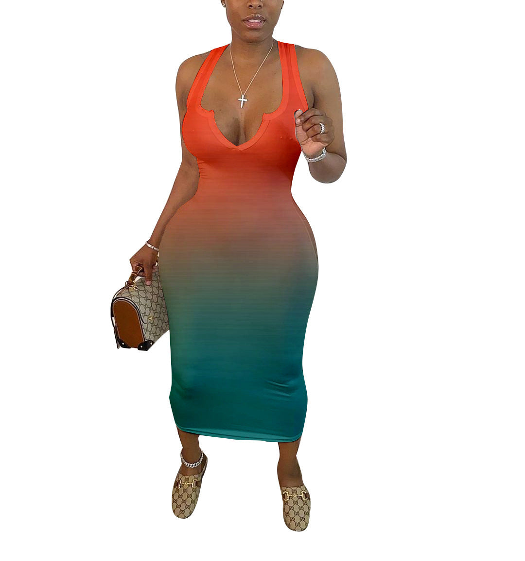 Women's Clothing Skinny V-neck Gradient Color Dress