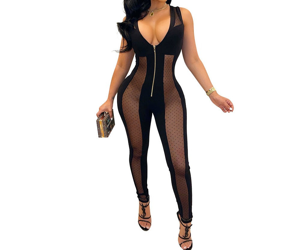 Fashion Mesh See-Through Panel Jumpsuit