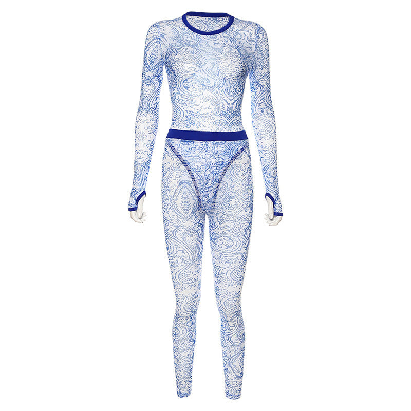 Sexy mesh perspective printed jumpsuit suit