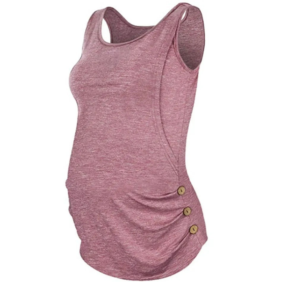 Sleeveless Solid Color Round Neck Button Vest Pregnant Women Breastfeeding Top