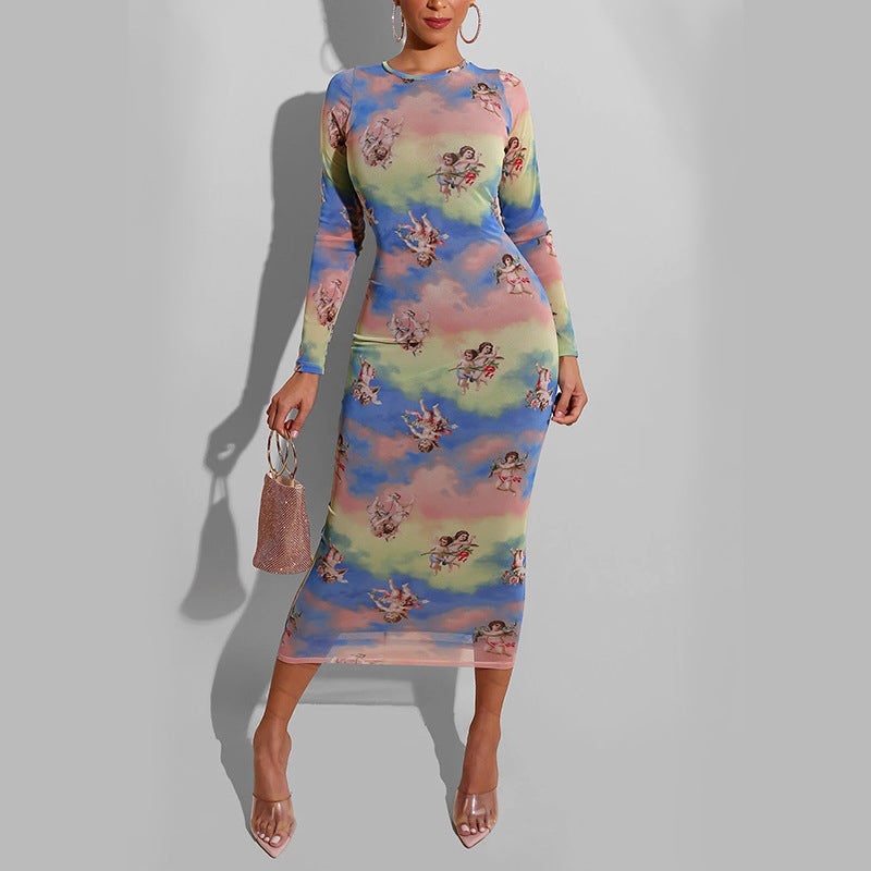 Women's Clothing Long Sleeve Mesh Printed Midi Skirt