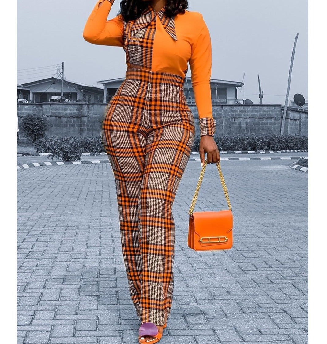 Casual fashion Plaid Lapel panel Jumpsuit