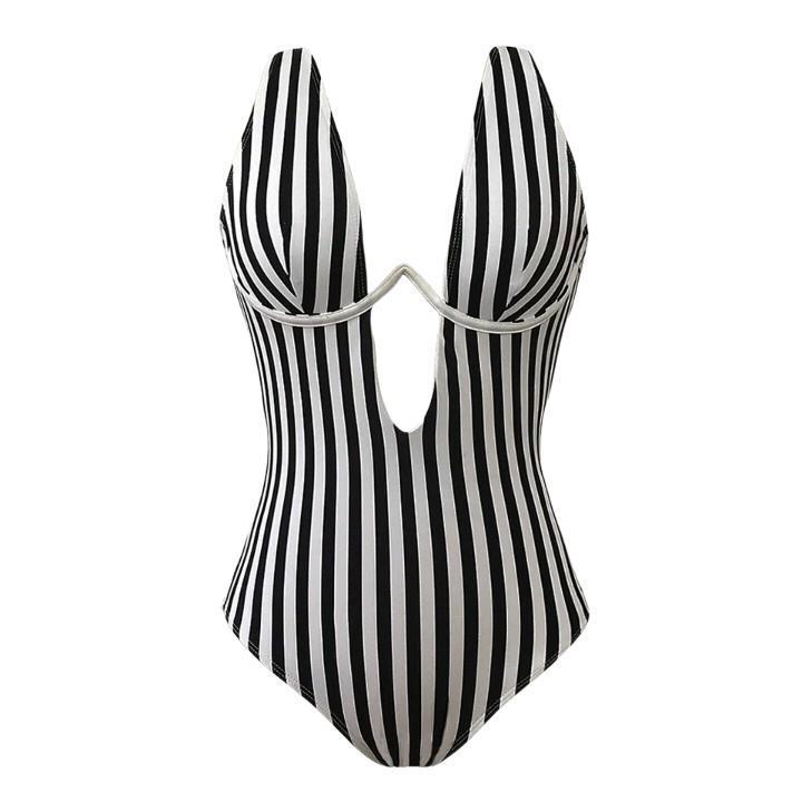 New Striped Deep V One Piece Swimsuit Sexy Bikini
