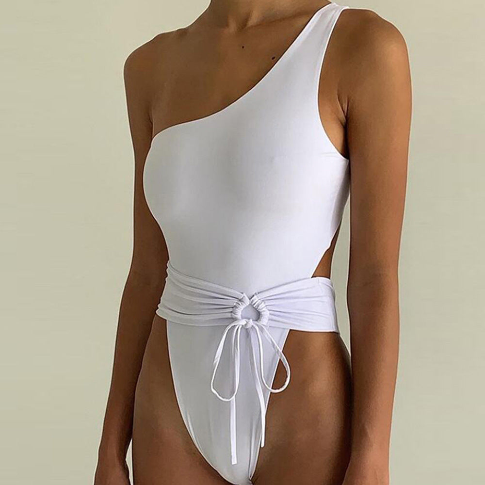 Bikini Women's Solid Color One-Shoulder Belt Strap Sexy One-Piece Swimsuit
