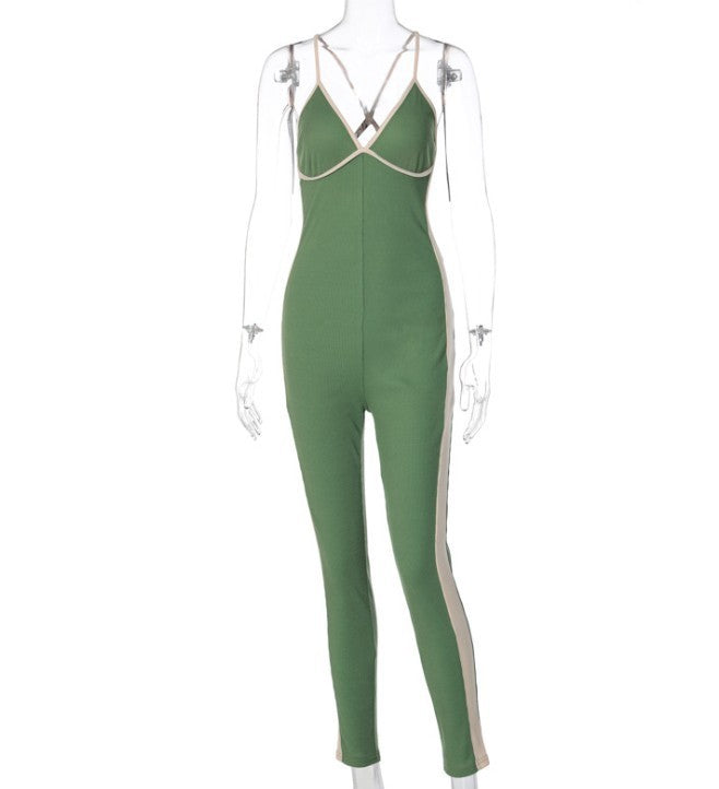Sexy Zipper Three-Color Stitching Suspenders Casual Long Jumpsuit