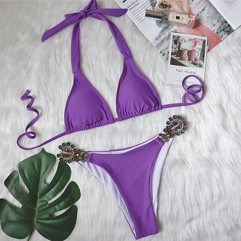 Bikini Plain Female Split Strap Luxury Crystal Diamond Swimsuit