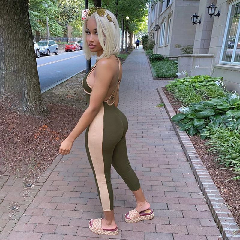 Sexy Zipper Three-Color Stitching Suspenders Casual Long Jumpsuit