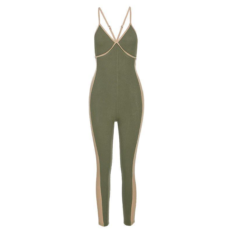 Sexy Zipper Three-Color Stitching Suspenders Casual Long Jumpsuit