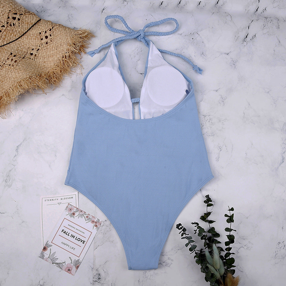 Light Blue Solid Color Swimsuit lace One-piece Swimsuit Sexy