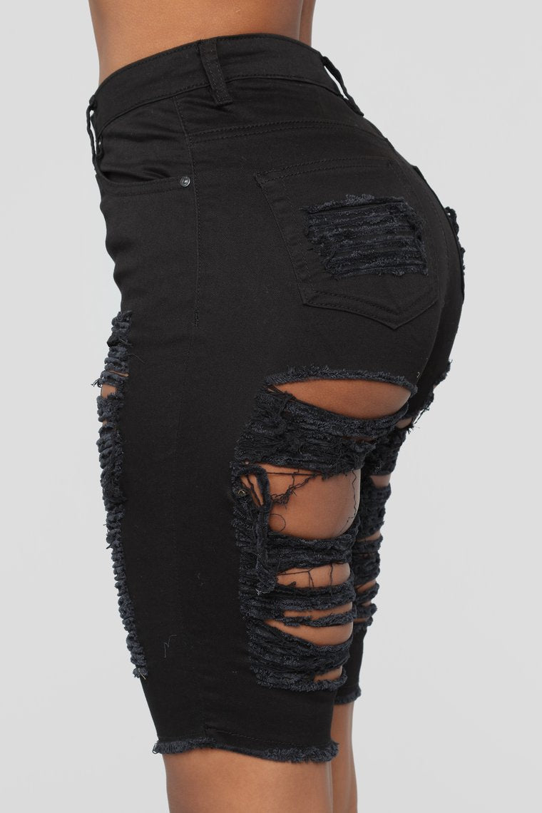 Stand-Alone Hot Style Black High-Waist Series Stretch Ripped Trousers