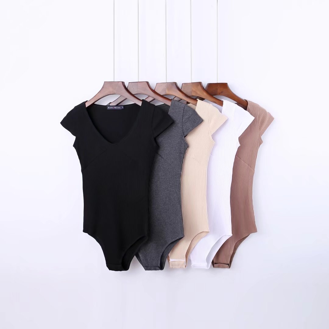 V-neck Waist Dhort-sleeved One-piece T-shirt Top File Ladies