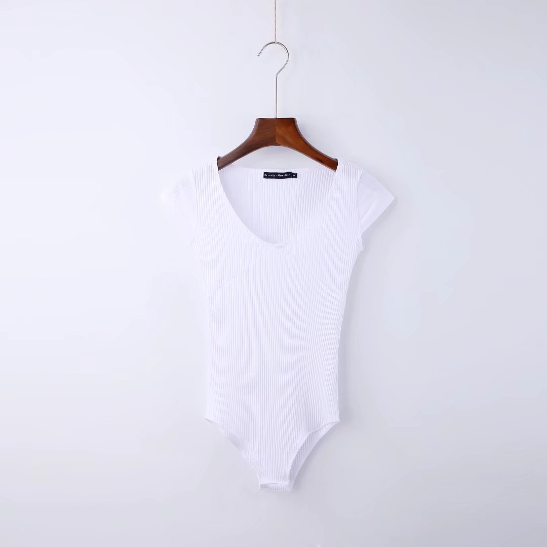 V-neck Waist Dhort-sleeved One-piece T-shirt Top File Ladies