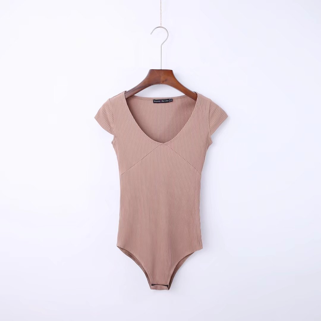 V-neck Waist Dhort-sleeved One-piece T-shirt Top File Ladies