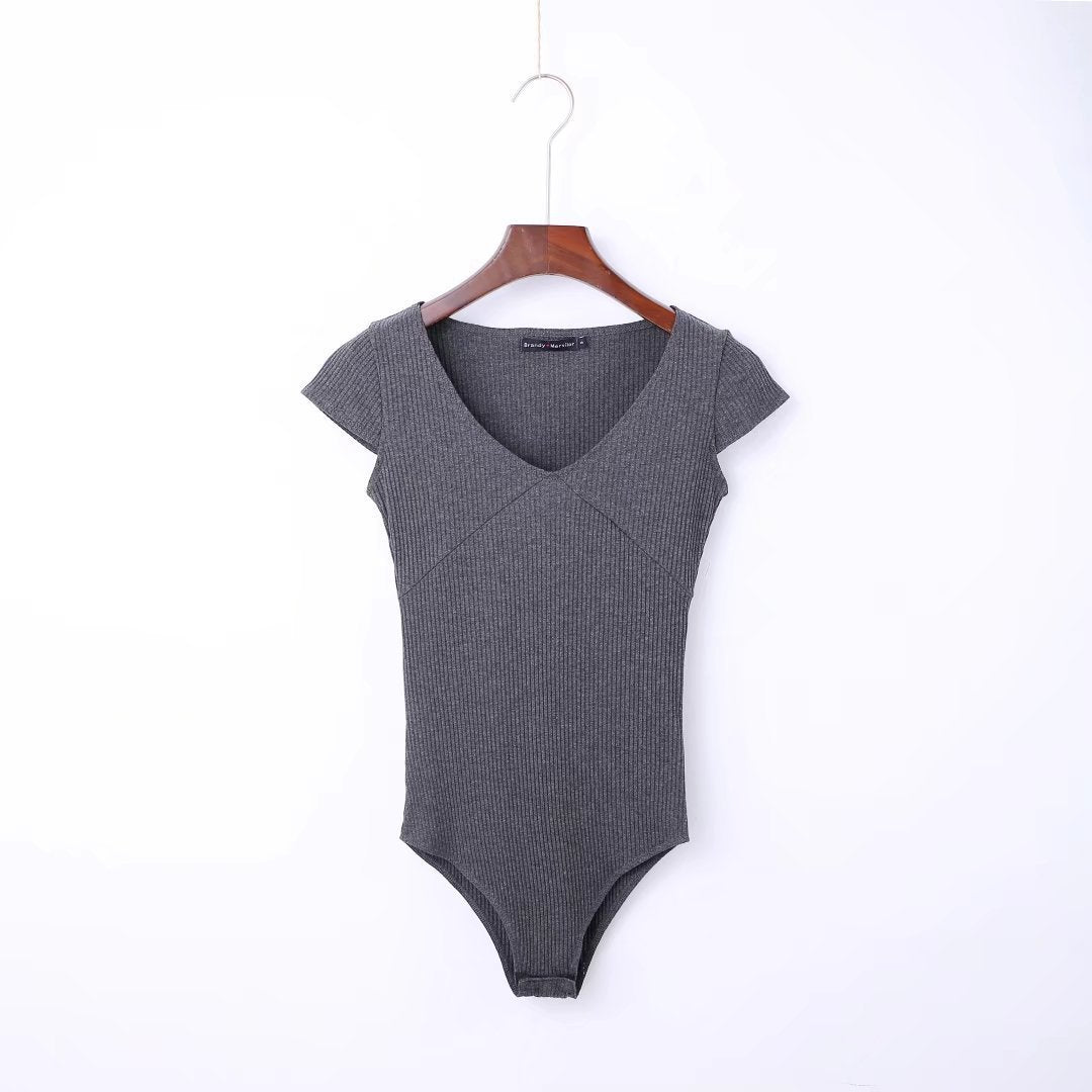 V-neck Waist Dhort-sleeved One-piece T-shirt Top File Ladies