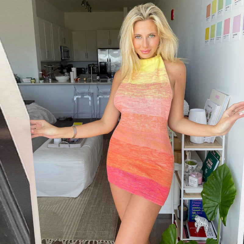 Sandy Beach Holiday Sexy Back Summer Knitted Dress Short Skirt