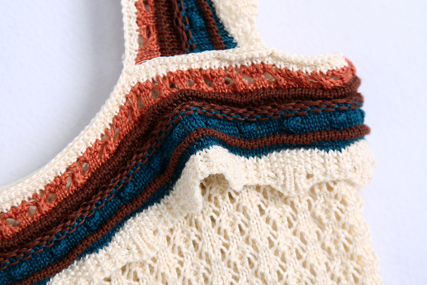 Women Fashion Color Match Crochet Short Vest Thin Sweater Ladies