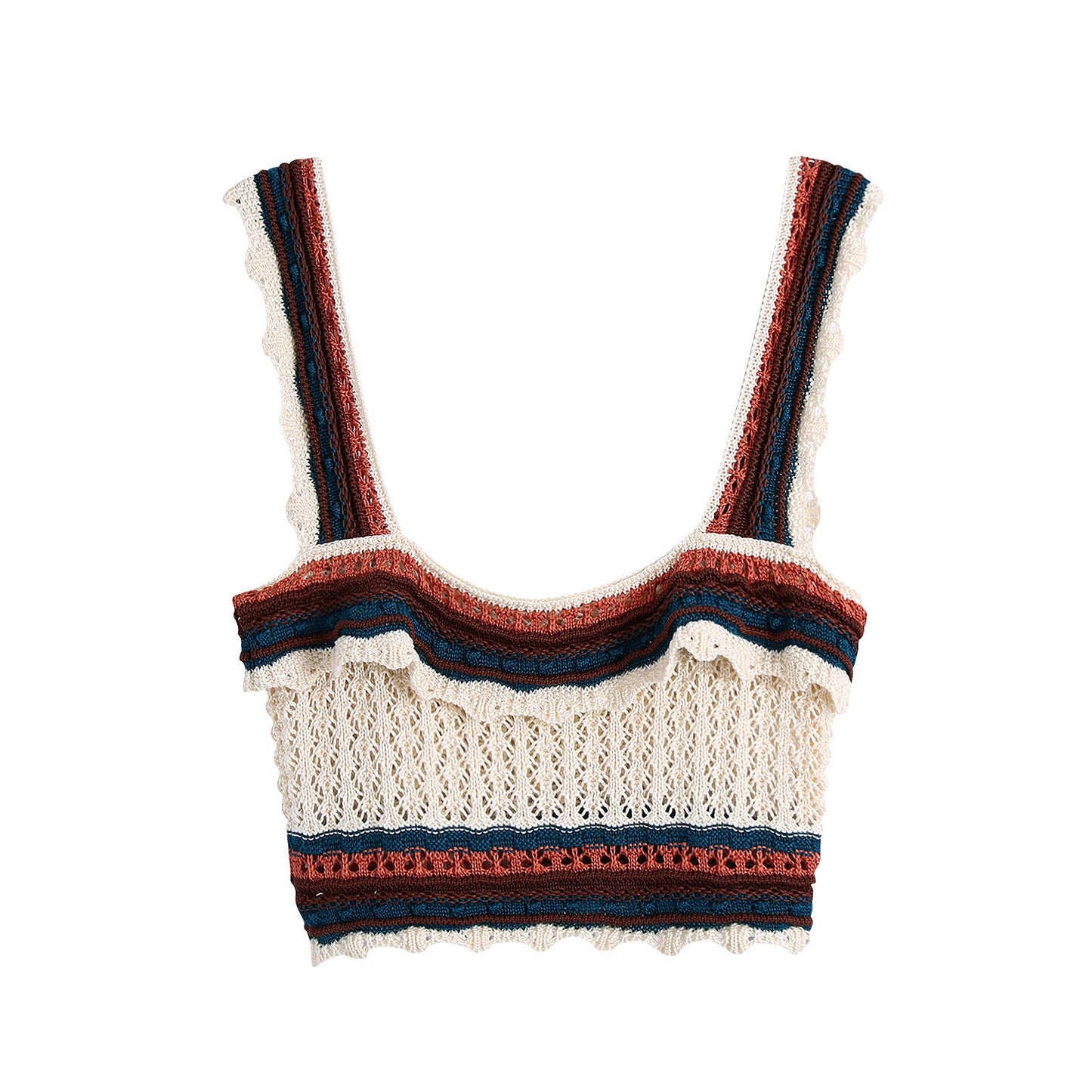 Women Fashion Color Match Crochet Short Vest Thin Sweater Ladies