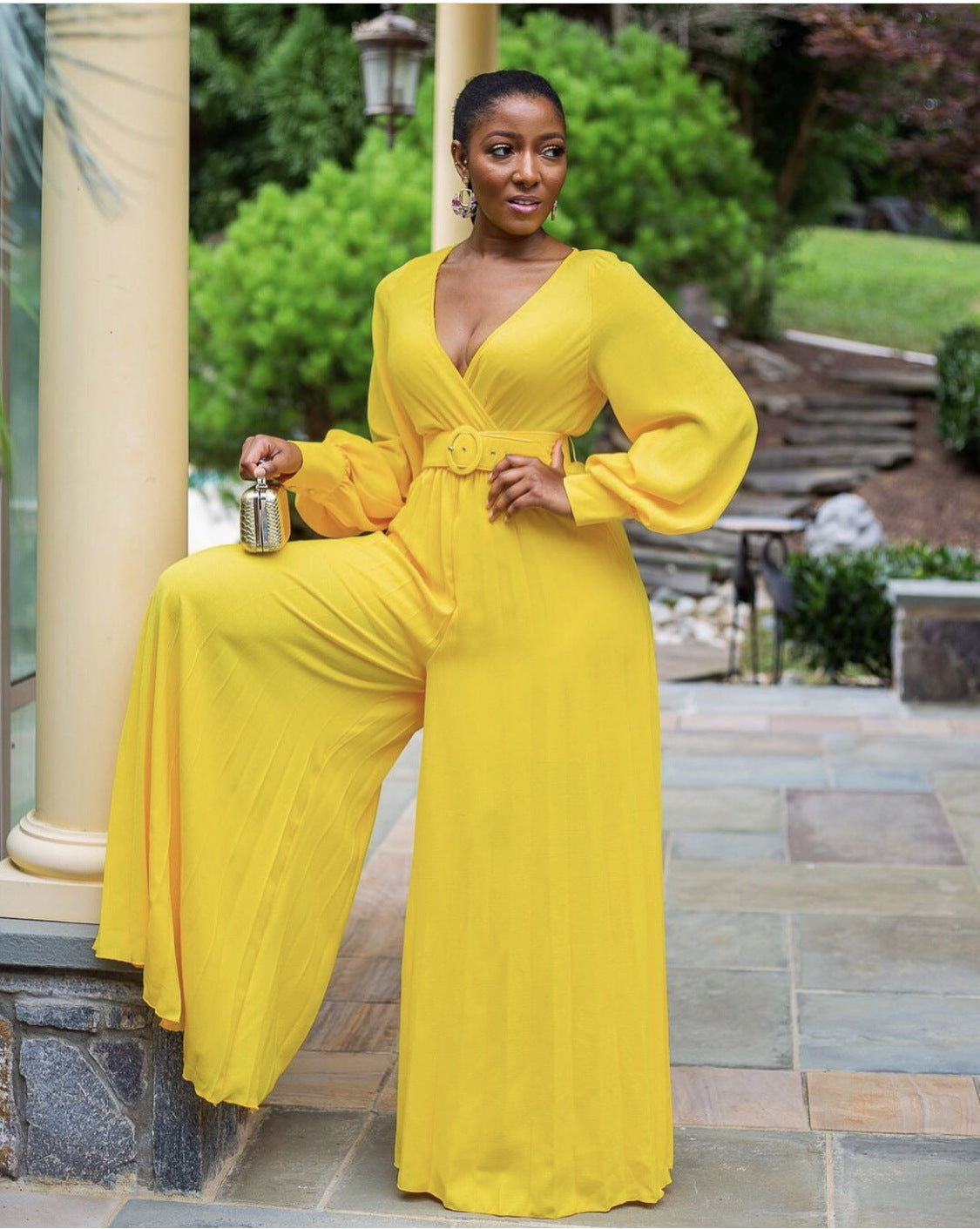 Jumpsuit V-neck Lantern Sleeve Mopping Pleated Wide Leg Pants